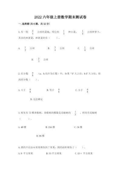 2022六年级上册数学期末测试卷及参考答案【综合卷】.docx