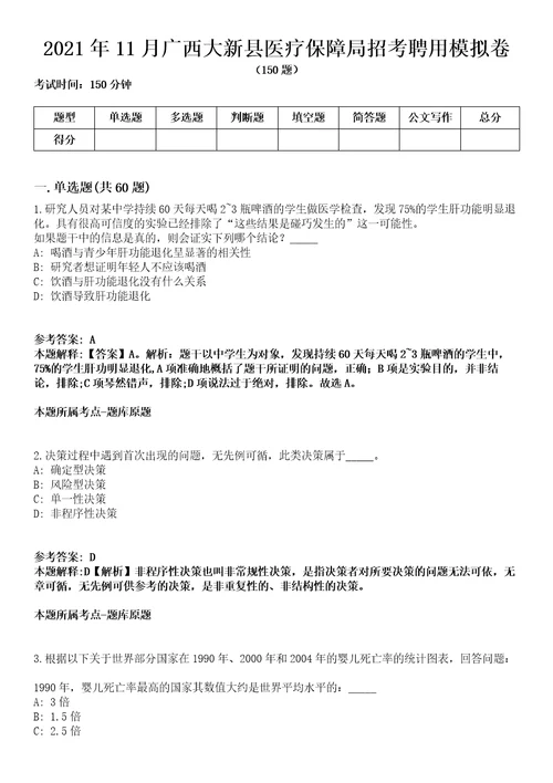 2021年11月广西大新县医疗保障局招考聘用模拟卷