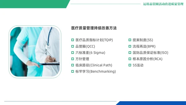 蓝绿色商务风QCC品管圈医疗质量管理品管圈医务人员培训