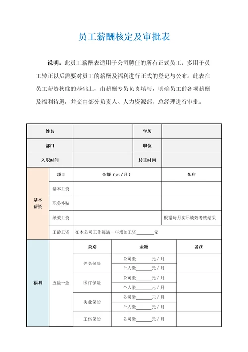 员工薪酬核定及审批表