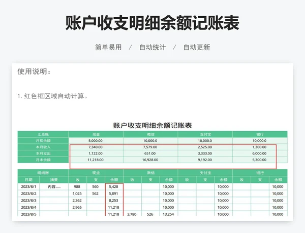 账户收支明细余额记账表