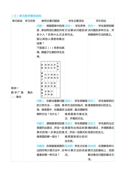 （大单元整体教学）第九单元数学广角——集合 单元分析（表格式）教学设计 人教版 三年级上册数学