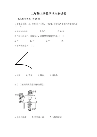 二年级上册数学期末测试卷审定版