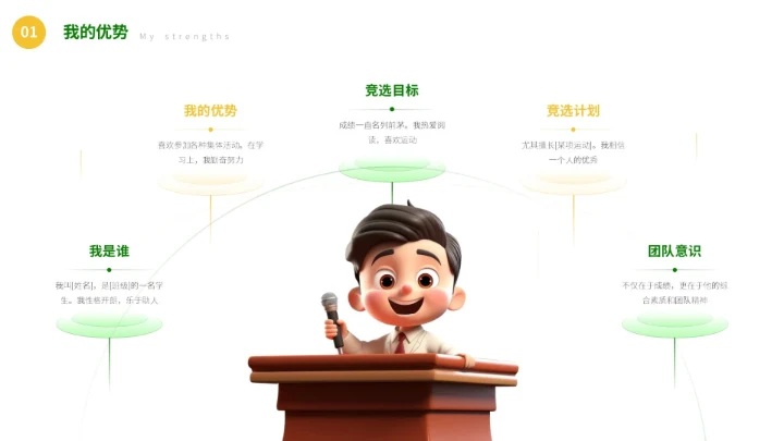 绿色可爱卡通风自我介绍班干部竞选PPT模板