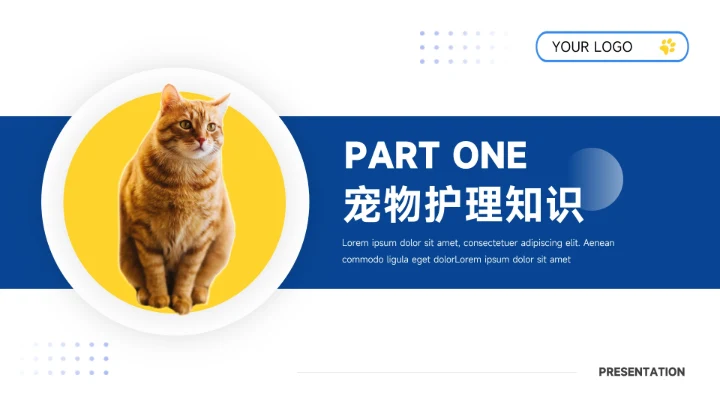 黄蓝剪影简约大气宠物健康护理PPT模板