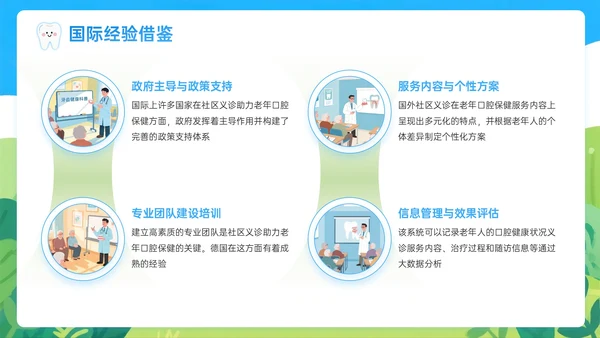 蓝绿色插画风关于社区义诊助力老年口腔保健PPT模板