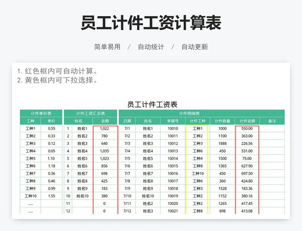 员工计件工资计算表