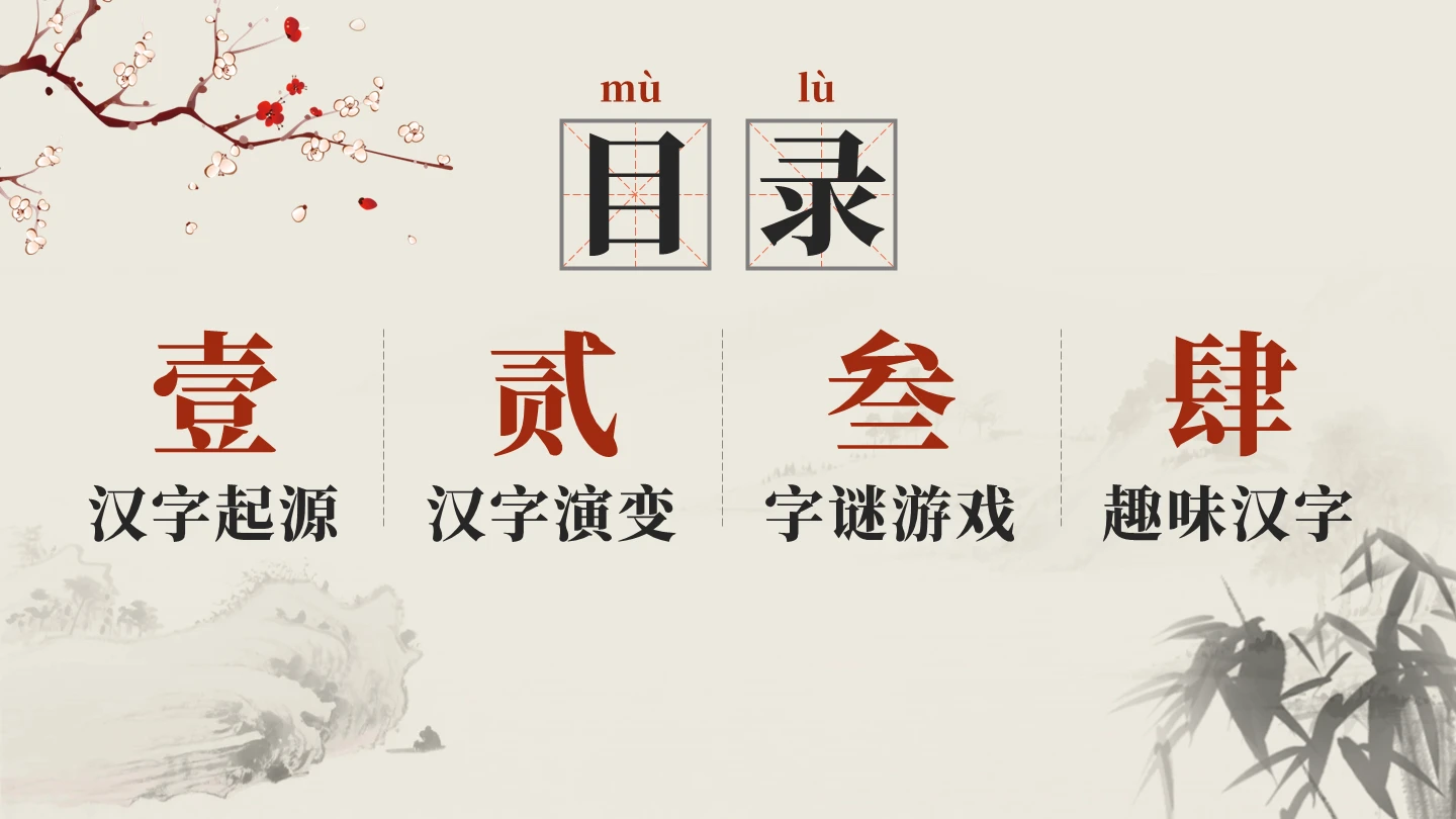 目录页四项黑色中国风有趣的汉字PPT单页
