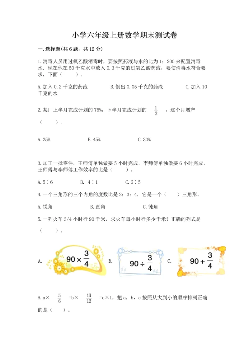 小学六年级上册数学期末测试卷（名校卷）word版.docx