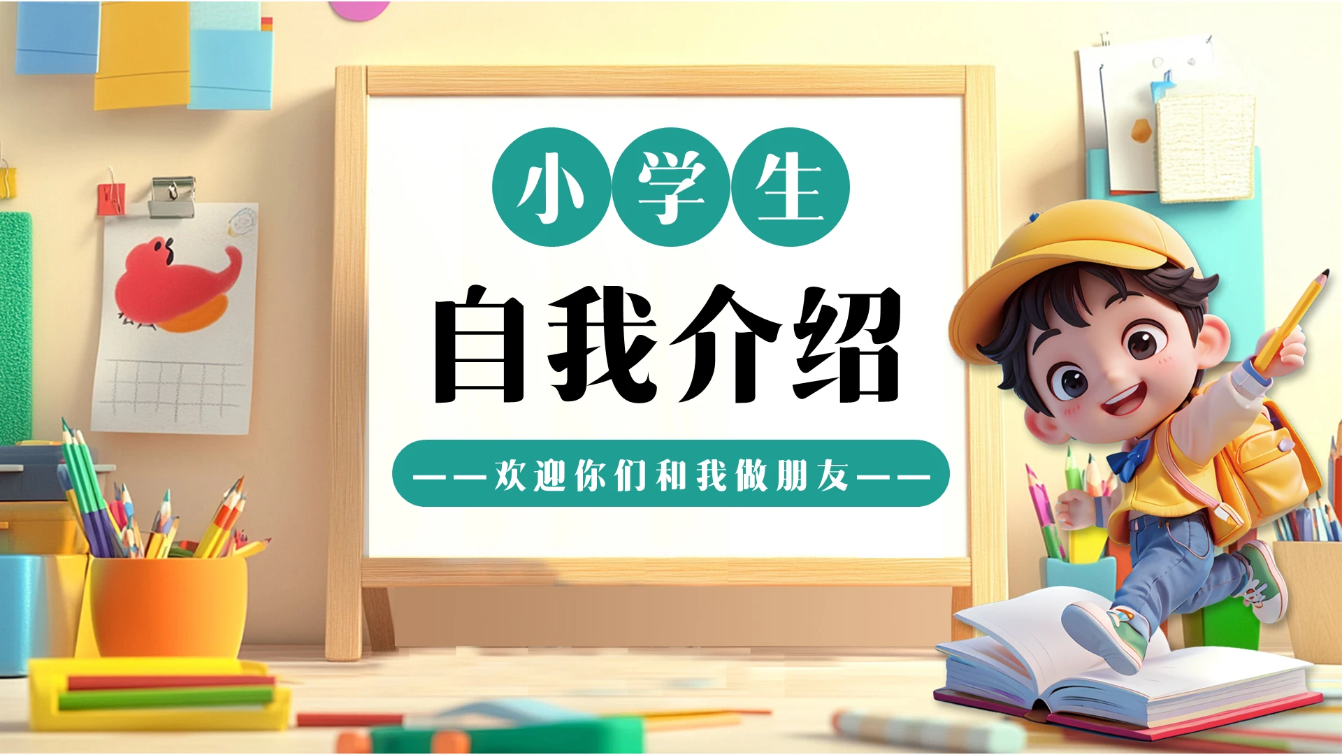 3D插画卡通小学生自我介绍做朋友PPT模板
