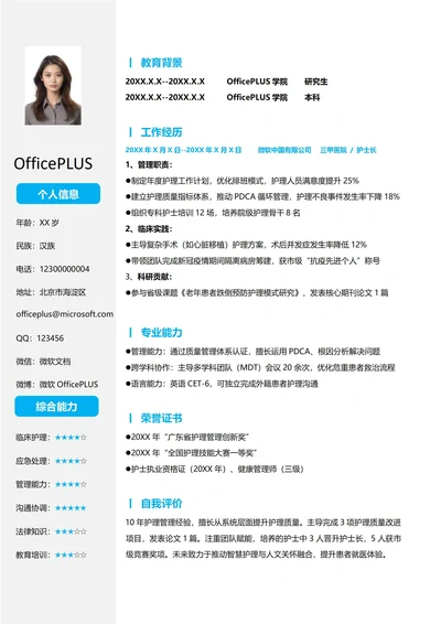 蓝色10年经验护士长求职简历