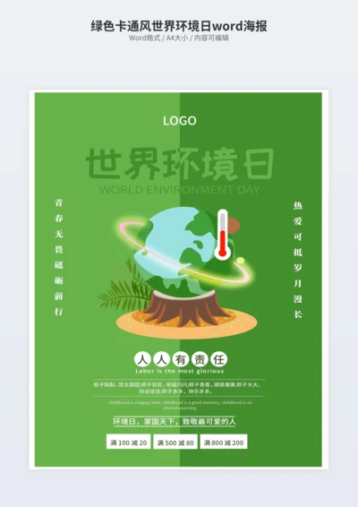 绿色卡通风世界环境日海报