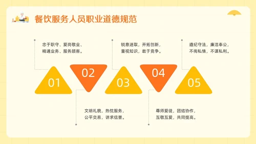 橙黄简约餐饮服务人员职业道德PPT模板宣传PPT动态PPT