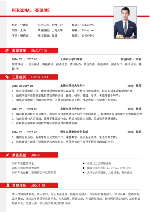 军人军转业军校生个人简历模板word简历