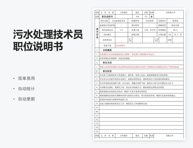 污水处理技术员职位说明书