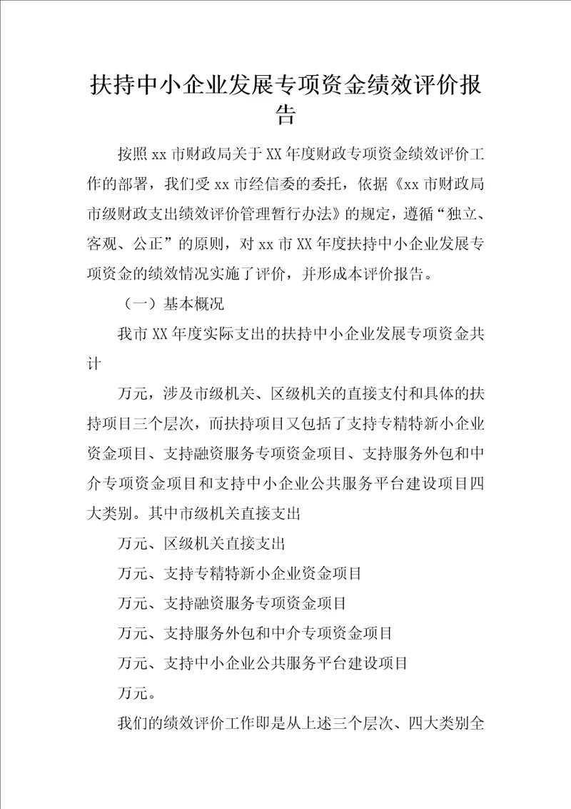 扶持中小企业发展专项资金绩效评价报告