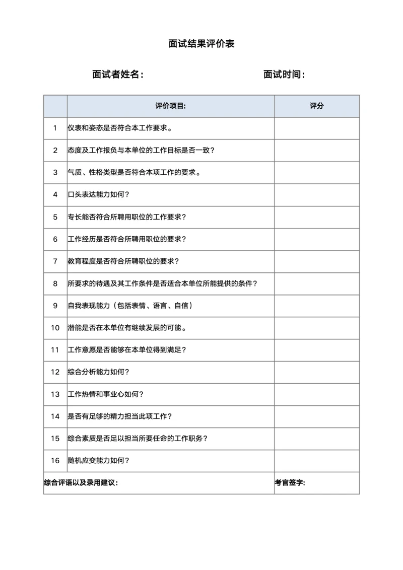 面试结果评价表