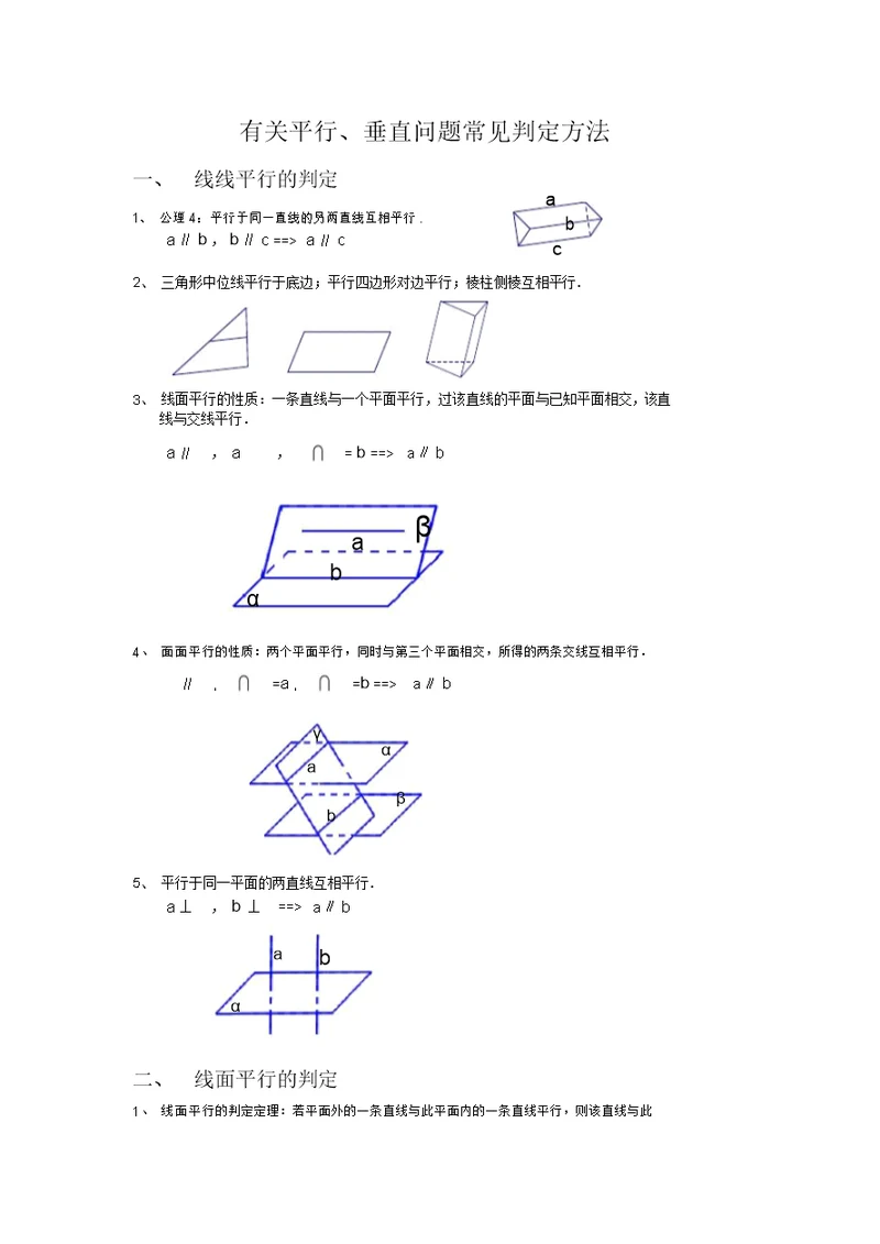 立体几何中有关平行、垂直常用的判定方法