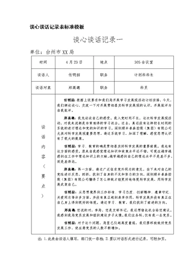 谈心谈话记录表标准模板