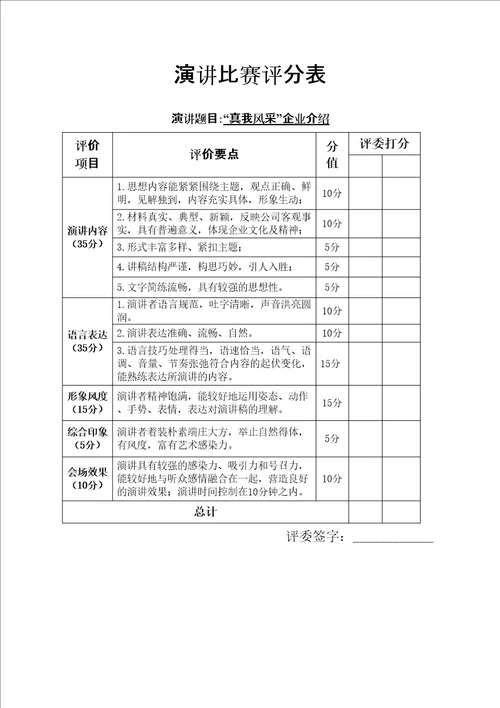 演讲比赛评分表模板