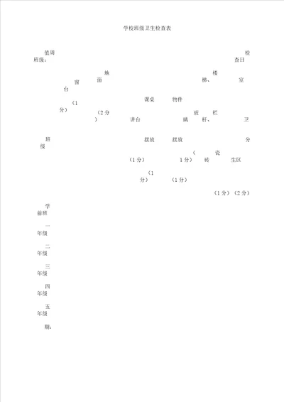 学校班级卫生检查表格