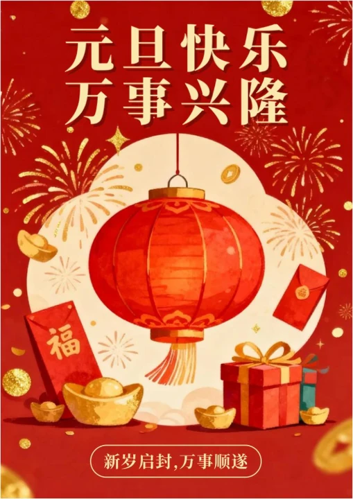 红色插画中国风元旦节祝福海报