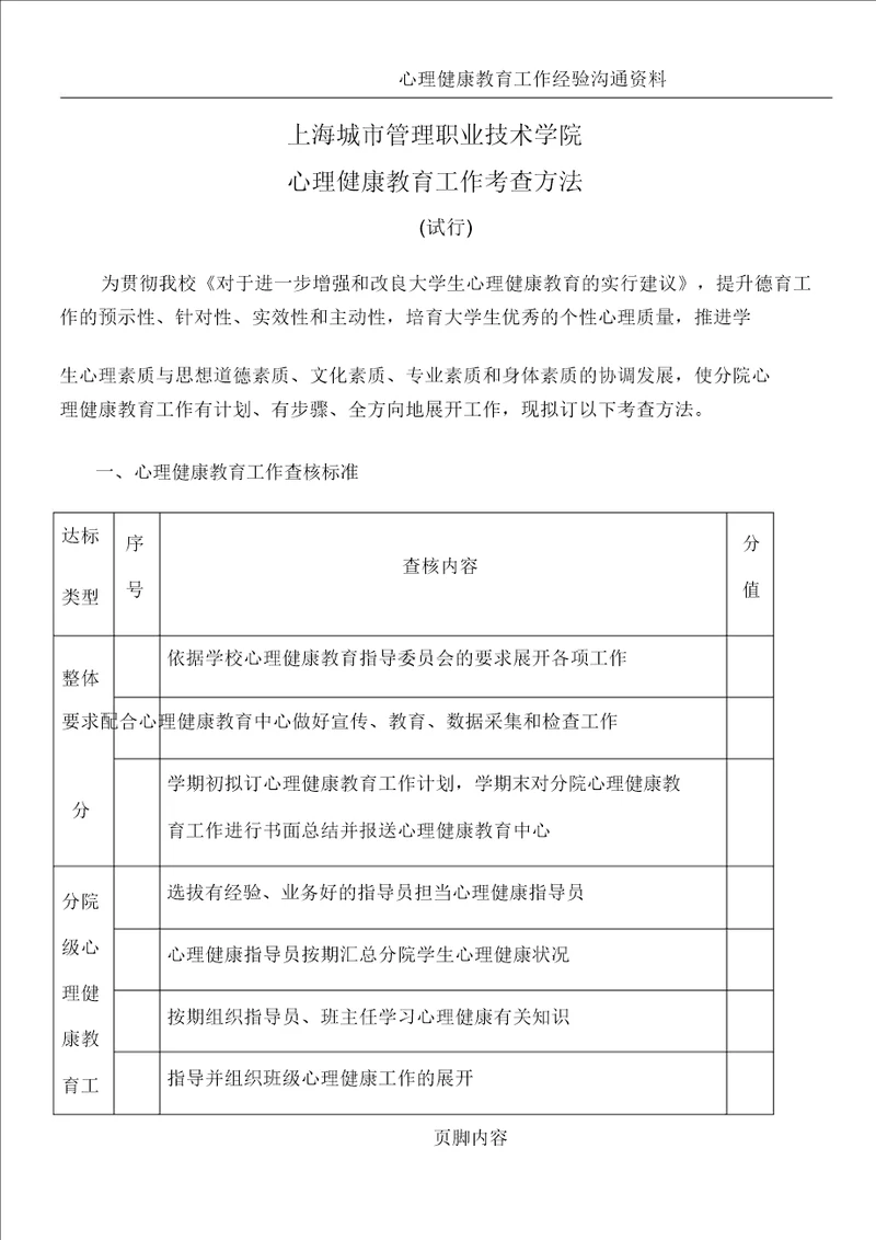 心理健康教育工作考核细则