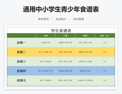 通用中小学生青少年食谱表