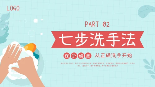 蓝色插画七步洗手法PPT模板宣传PPT动态PPT