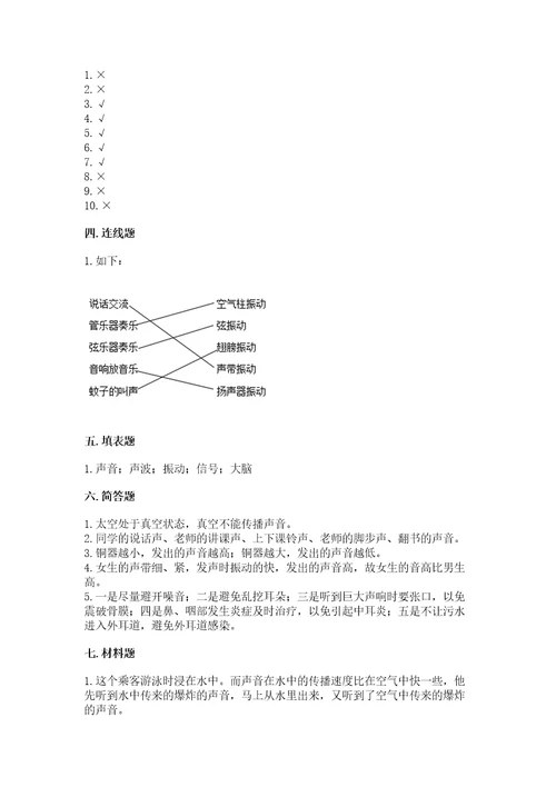 教科版科学四年级上册第一单元声音测试卷完整版