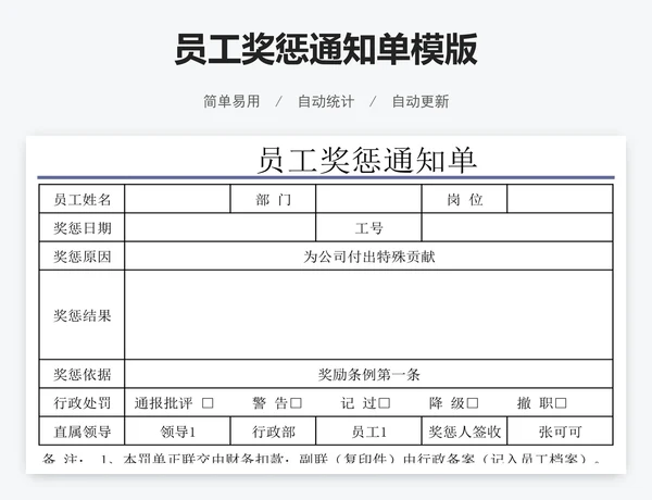 员工奖惩通知单模版