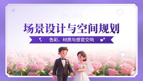 紫色3D卡通风七夕主题婚礼策划方案PPT模板
