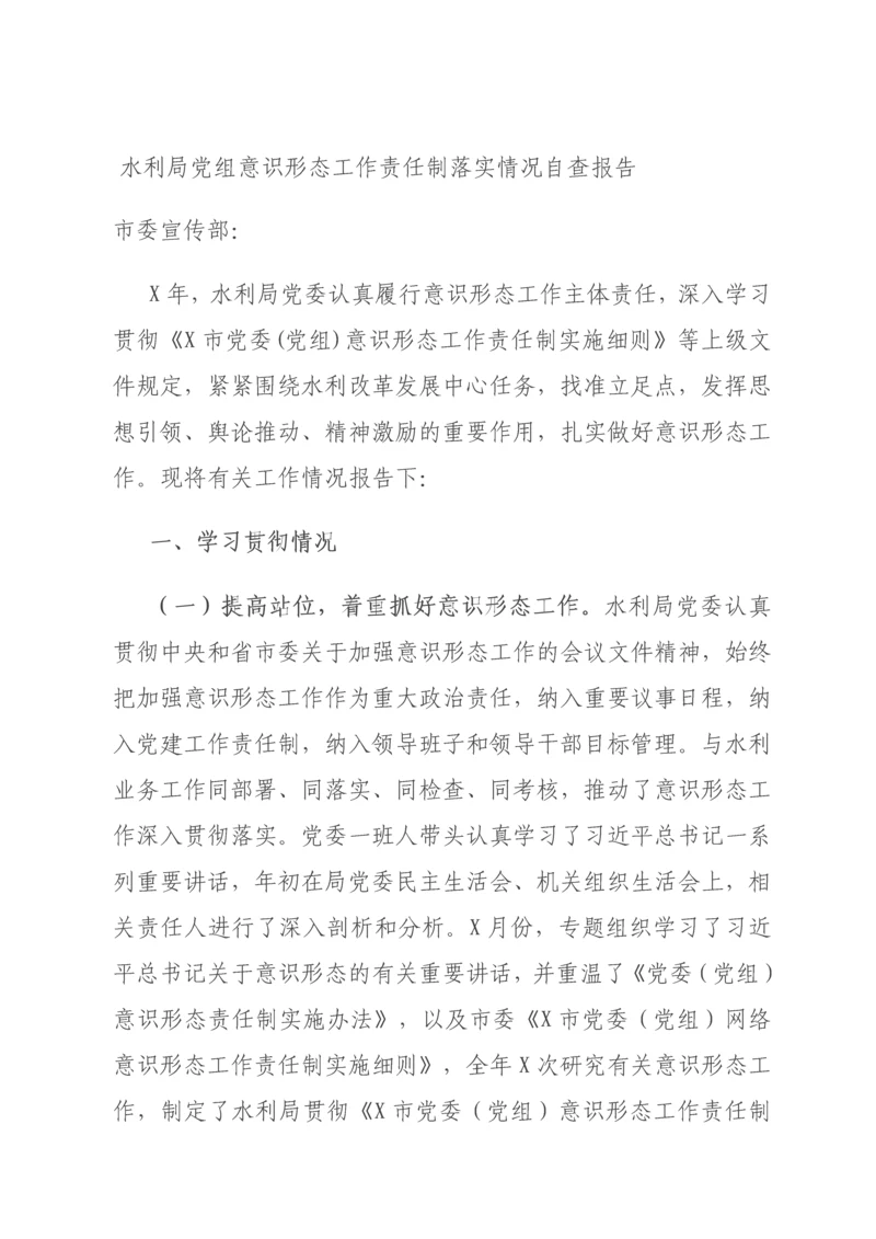 水利局党组意识形态工作责任制落实情况自查报告.docx