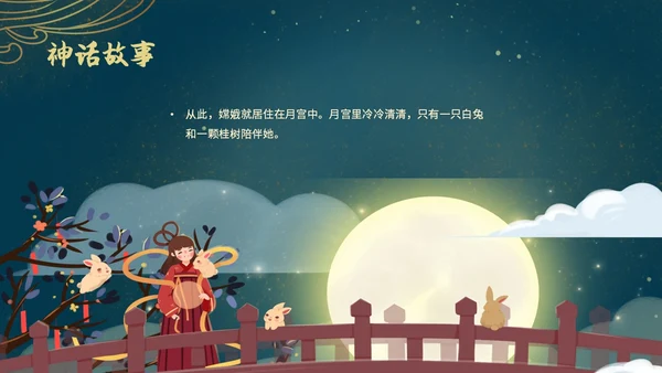 蓝色绿色古风中国风中秋节嫦娥奔月PPT模板课件神话故事