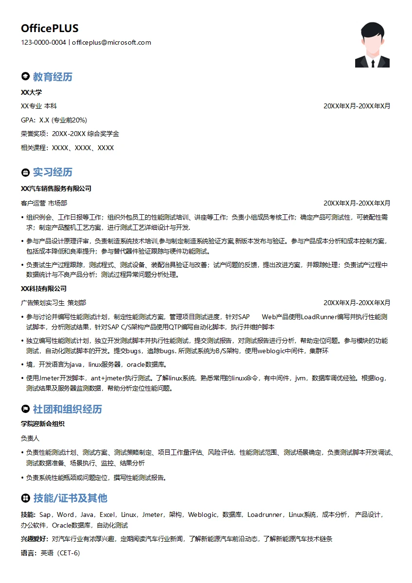 高级性能测试工程师简历模板