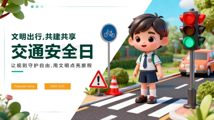 3D卡通风交通安全日教育科普PPT模板