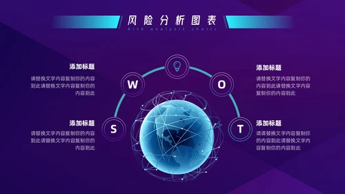 蓝色紫色科技SWOT风险分析图表PPT模板