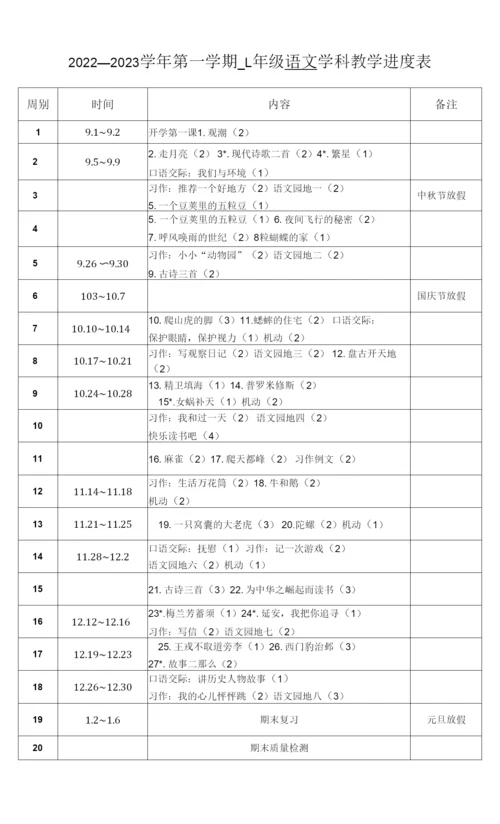 2022-2023学年第一学期四年级语文教学进度表.docx