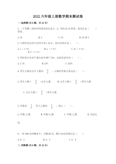 2022六年级上册数学期末测试卷含完整答案（典优）.docx