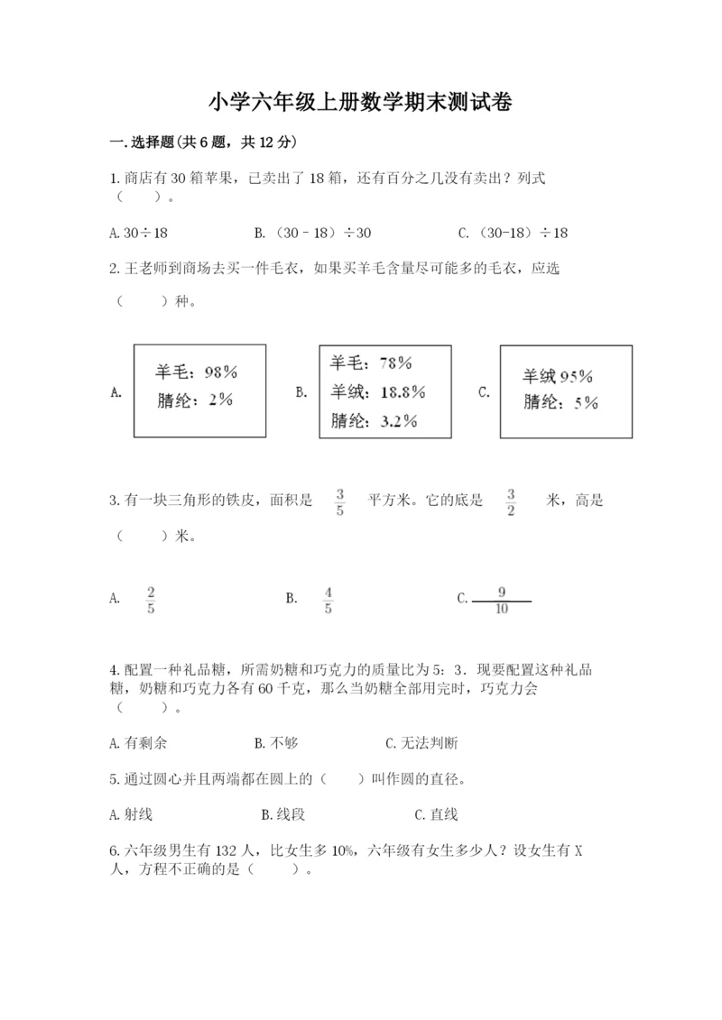 小学六年级上册数学期末测试卷及完整答案【夺冠系列】.docx