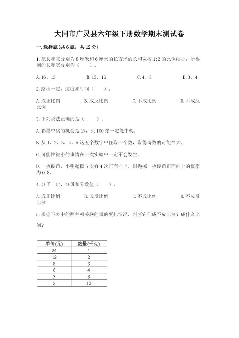 大同市广灵县六年级下册数学期末测试卷精编.docx