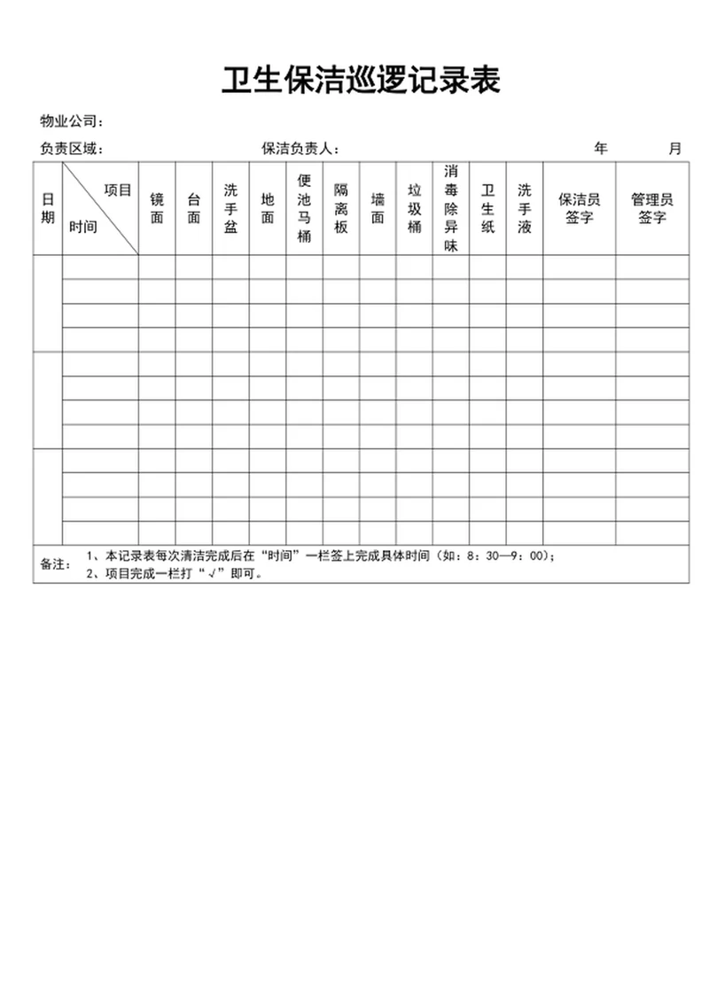 卫生保洁巡逻记录表