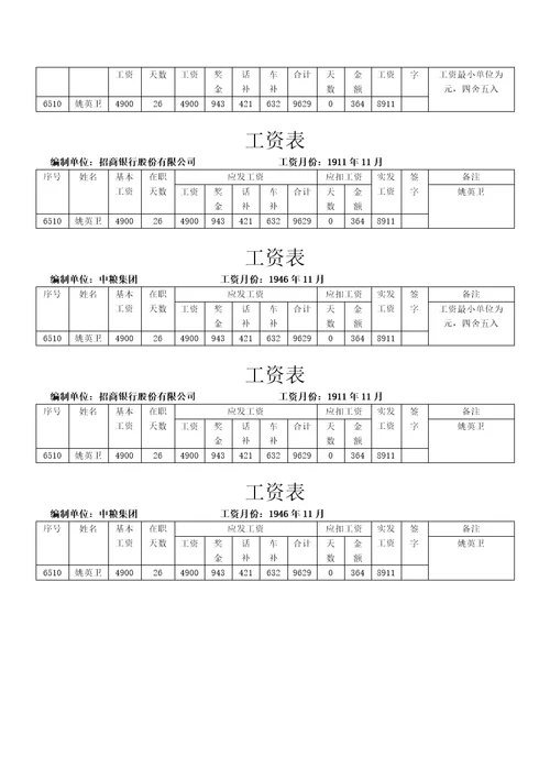 公司工资表模板