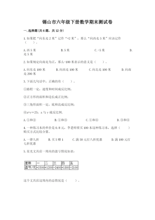 锡山市六年级下册数学期末测试卷（精选题）.docx