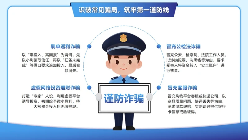 蓝色卡通渐变谨防诈骗科普PPT单页