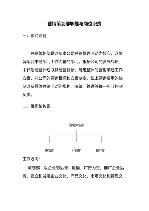 营销策划部部门职能与岗位职责