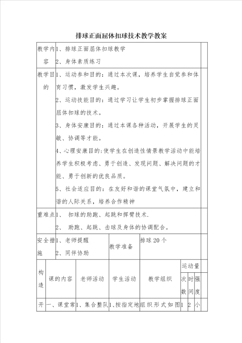 排球正面屈体扣球技术教学教案3
