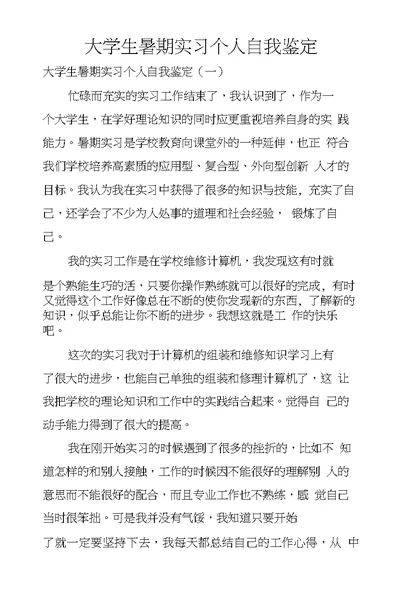 大学生暑期实习个人自我鉴定