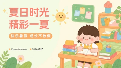 米色可爱卡通插画风我的暑假生活PPT模板