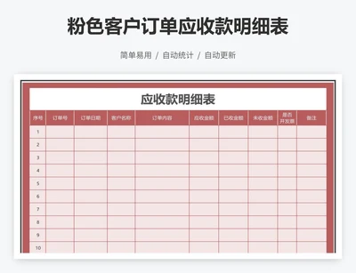 粉色客户订单应收款明细表